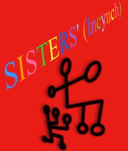 A black stick figure with the word sisters written underneath it.